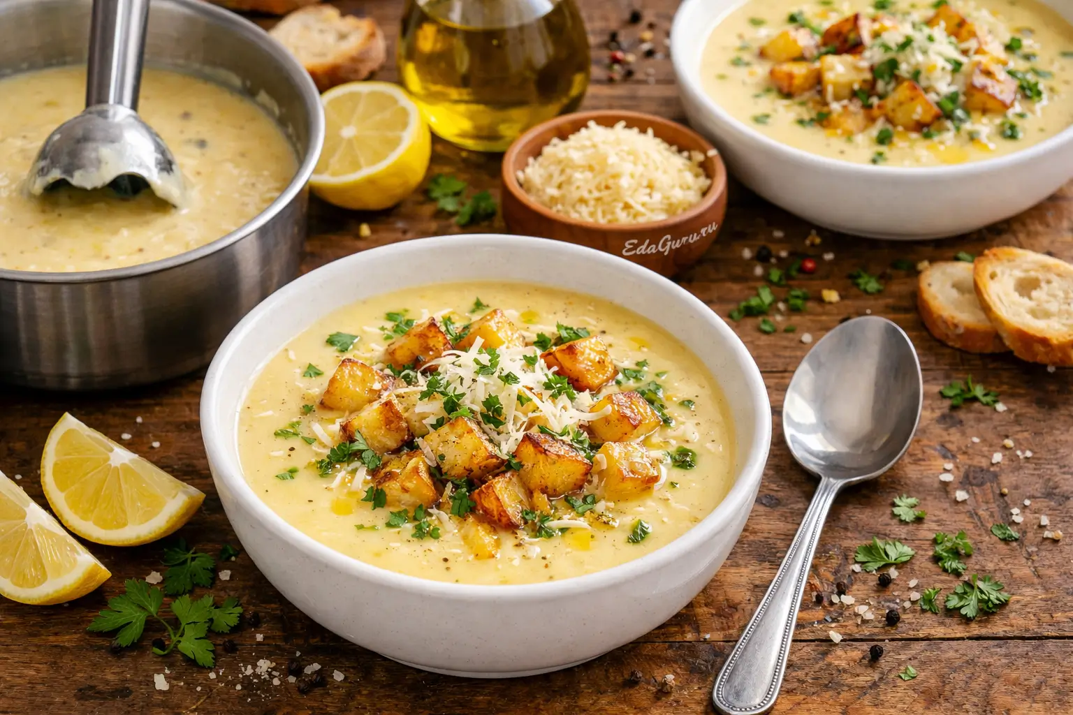 Сырный суп с жареным чесноком и картофелем