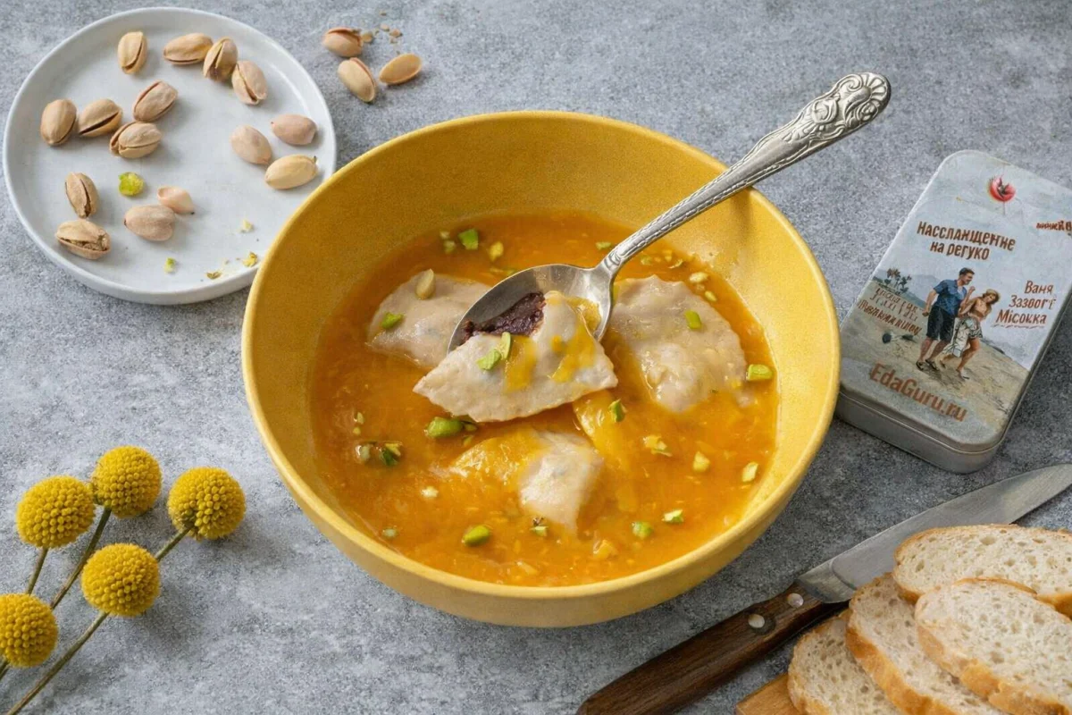 Апельсиновый суп с миндальными равиоли