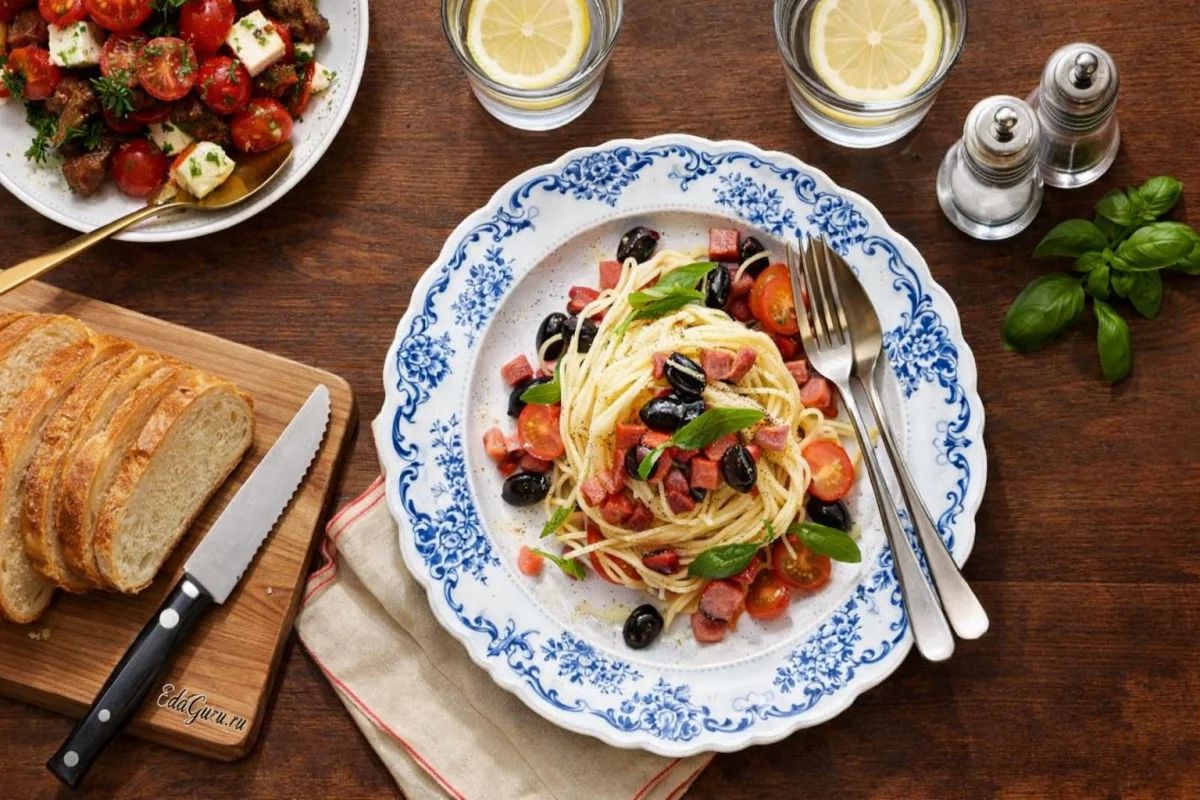 Спагетти с колбасой и помидорами