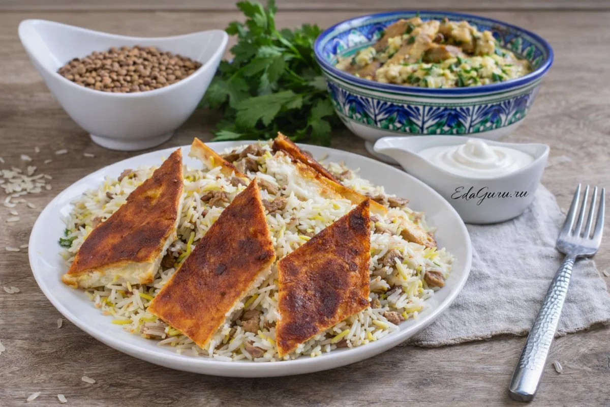 Плов с рисом басмати, курицей и жареным яйцом