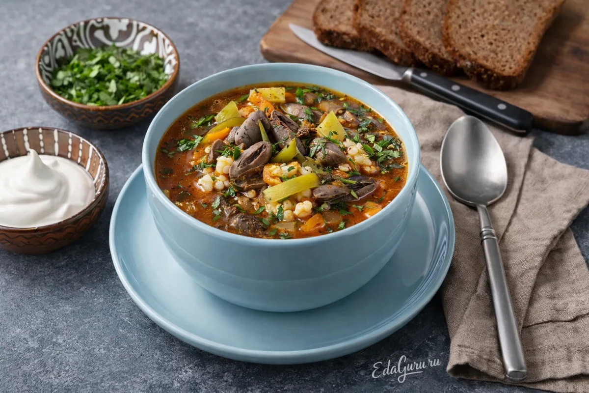 Рассольник с куриными сердечками