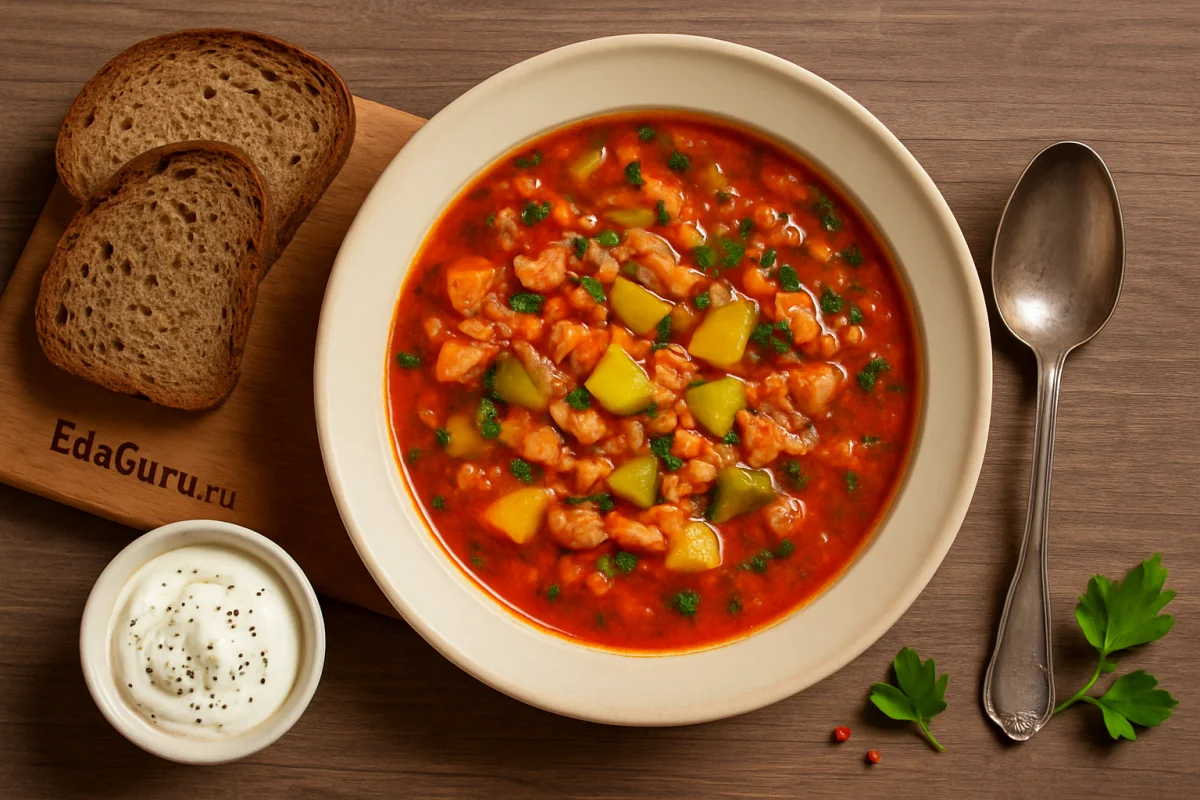 Рассольник с томатной пастой и рисом