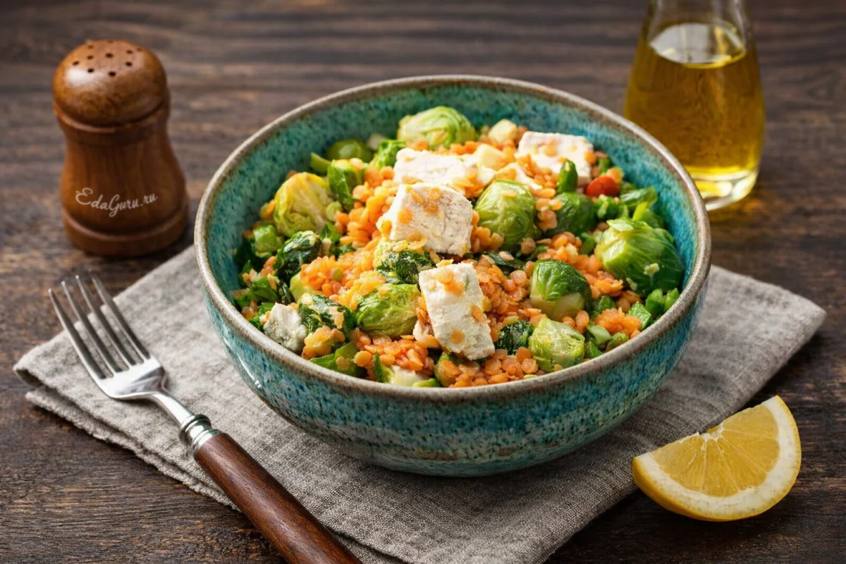 Теплый салат с красной чечевицей