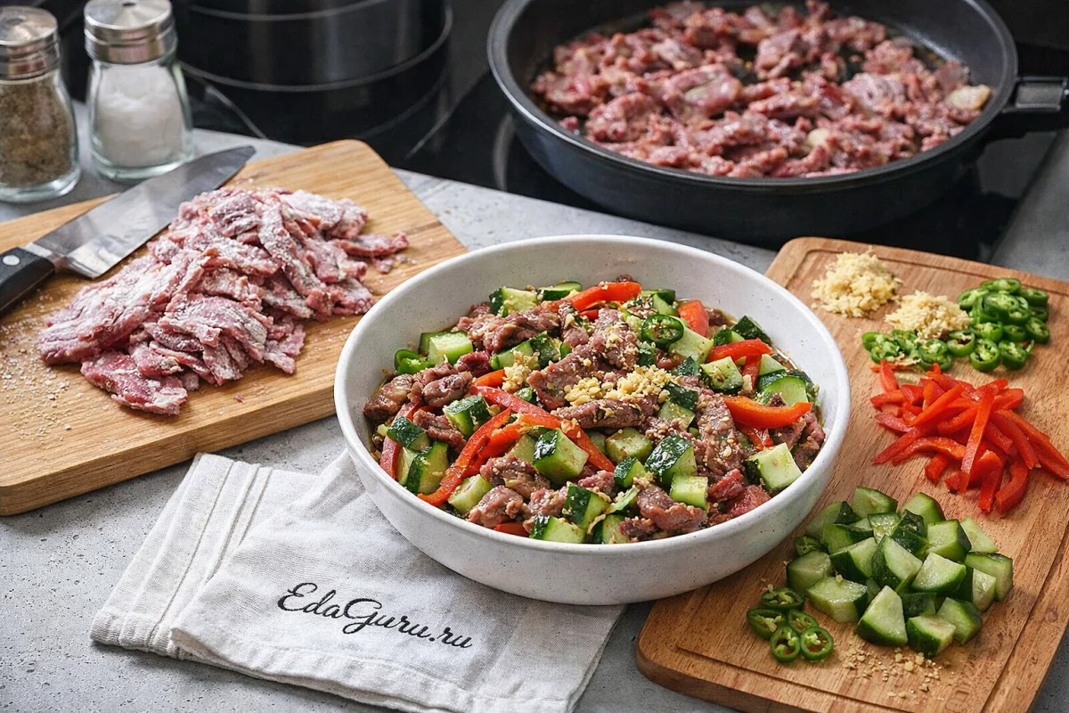 Острый салат с говядиной