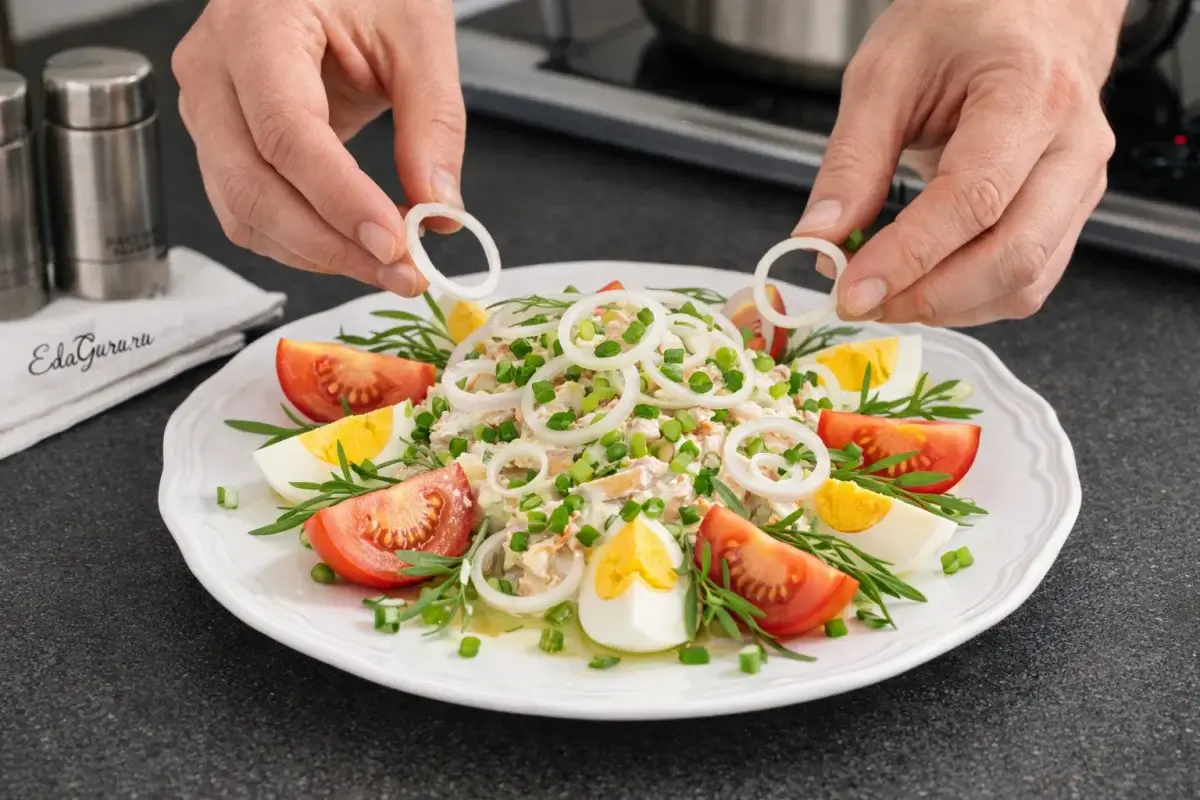 Рыбный салат с яйцом и томатами