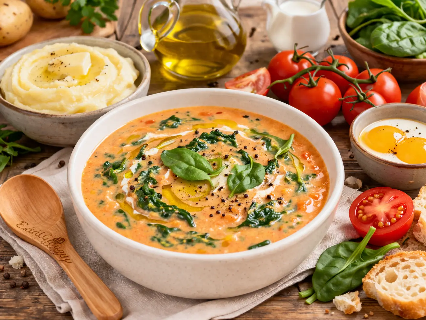 Суп-пюре из картофеля, шпината и помидоров