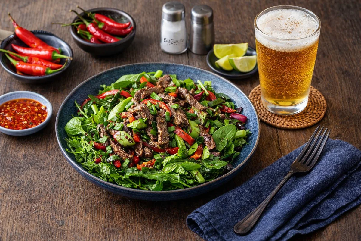 Острый салат с говядиной