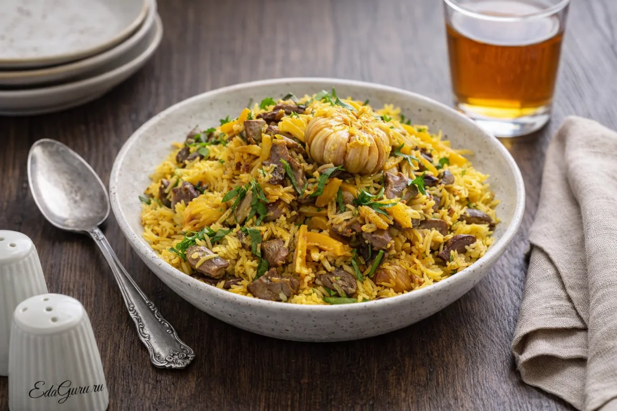 Плов с куриными сердечками