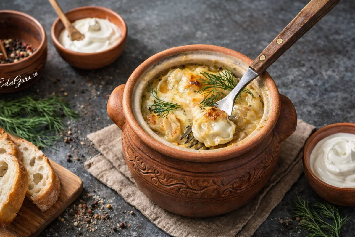Пельмени с сыром в горшочке