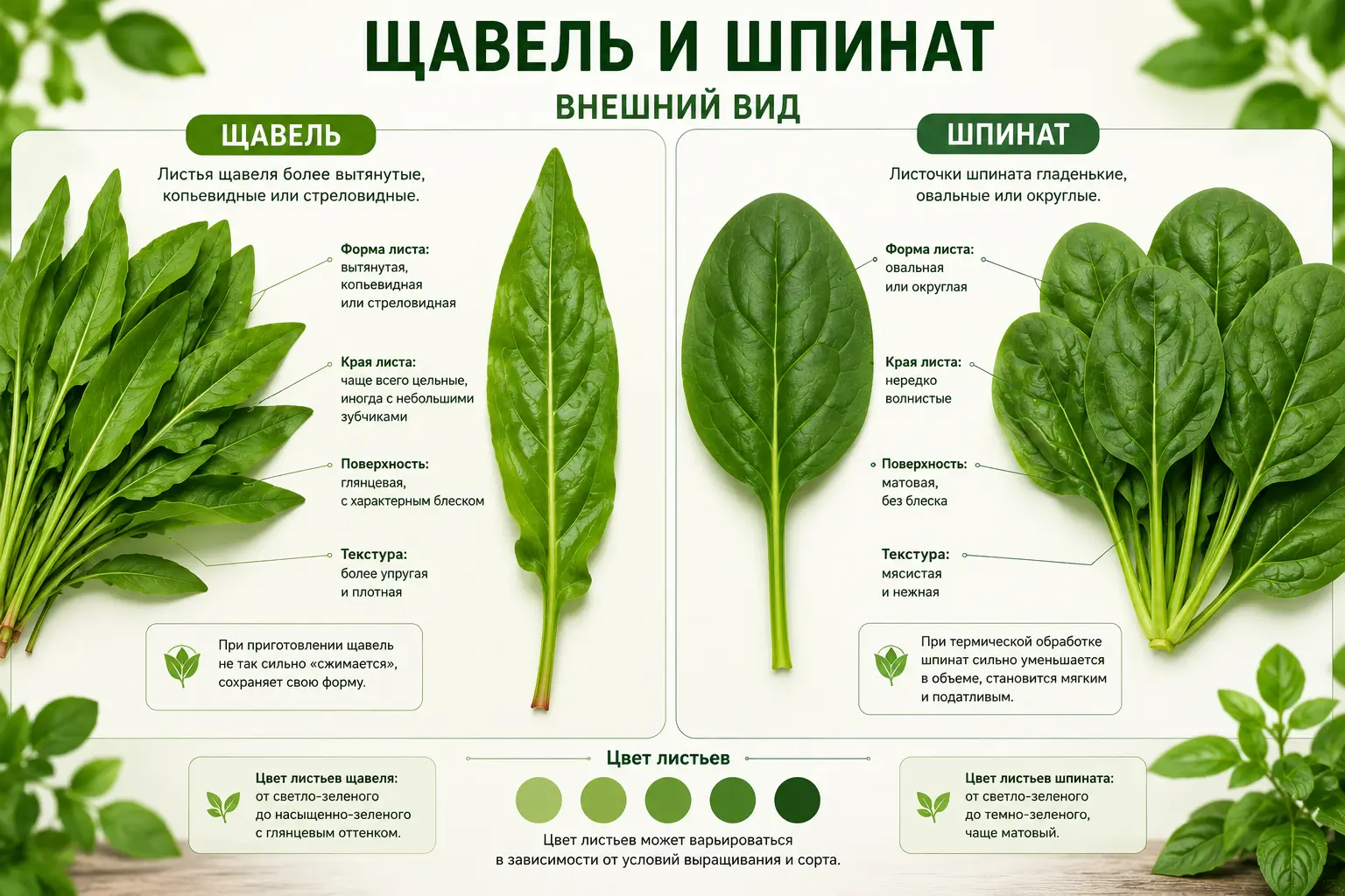 Внешний вид щавеля и шпината