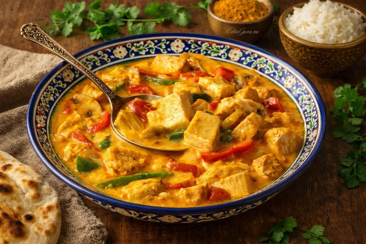 Курица с грибами в соусе карри