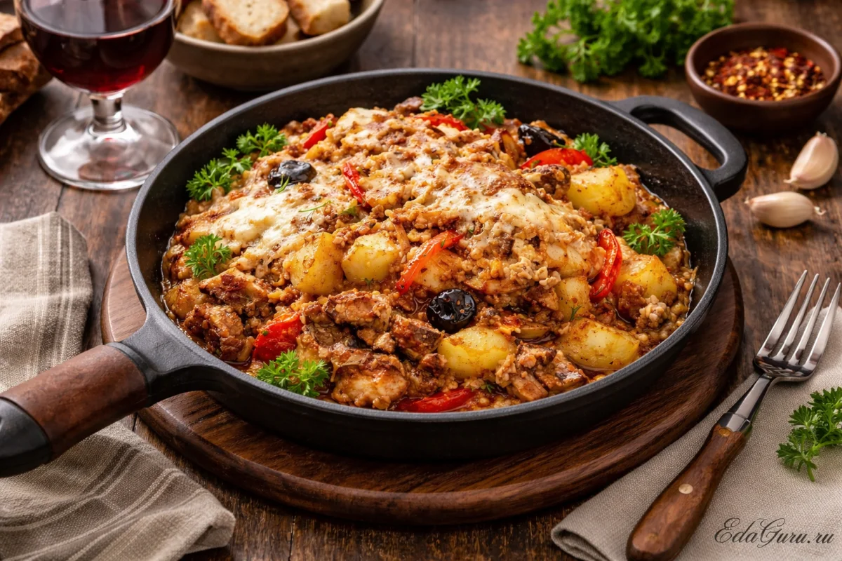 Жаркое из свинины и копченой курицы с гречкой