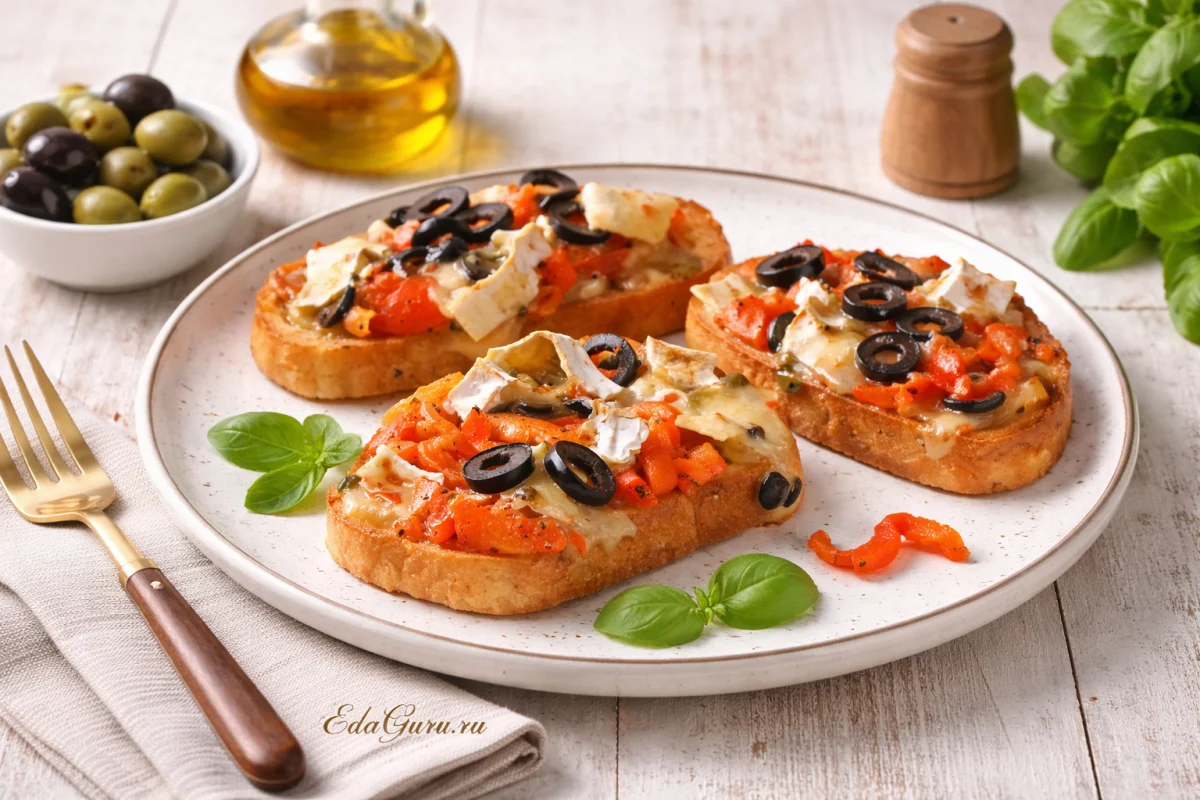 Брускетта с сыром и маслинами
